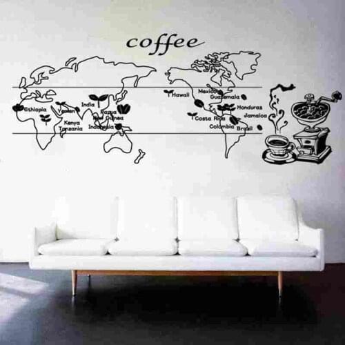 Coffee World Map Coffee Shop Wall Decal Cafes Milk Tea Bakey Cake Wall Art Sticker Decal Mural Decor Coffee Glass Sticker