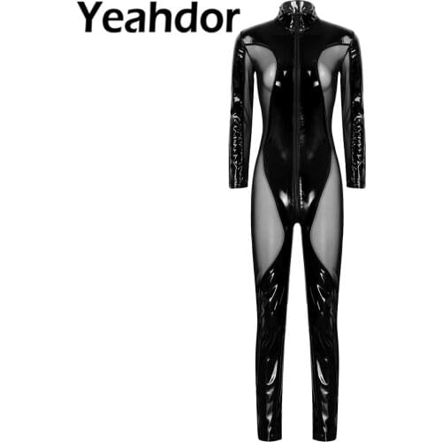 Womens Jumpsuit One-piece Wet Look Patent Leather Sheer Mesh Patchwork Mock Neck Long Sleeves Leotard Bodysuit Catsuit Clubwear