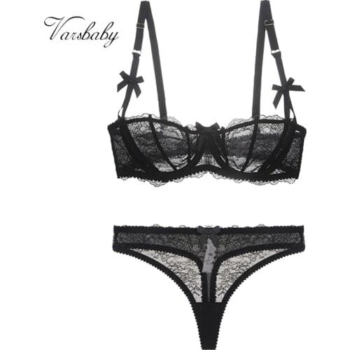 Varsbaby Womens Sexy Lace Transparent 1/2 Cup Lingerie Set Unlined Bras+Thongs Bra Set ABCD Cup