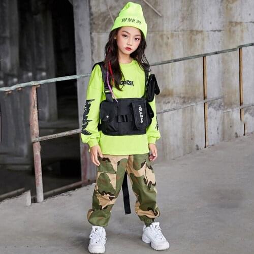 Hip Hop Costumes Boys Fashion Green Camouflage Pants Children Street Dance Clothing Girls Jazz Dancewear Stage Outfit DN4496