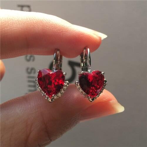 Cute Female Small Heart Earrings Boho Silver Color Clip Earrings For Women Crystal White Green Purple Red Stone Earrings