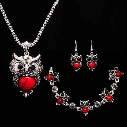 Lovely Red/Black Owl Jewelry Set For Women Fashion Necklace Charms Earrings Bracelet For Women Free Gift Popular Jewelry Set