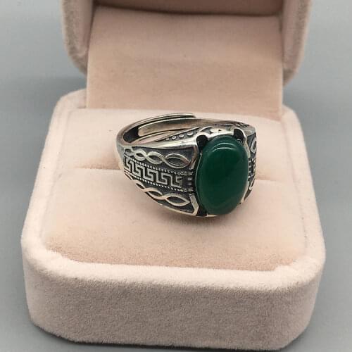 Original design natural Hetian jasper fine pattern carved opening adjustable ring Chinese retro charm womens silver jewelry