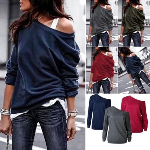 2021 Autumn Shirts One Shoulder Tops Solid Shirt Female Clothes Outwear Casual Female Knitted Loose Shirts Women Long Sleeve