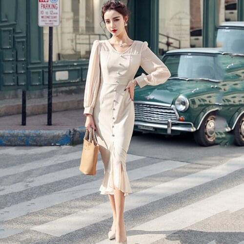 French Romance Retro Dresses Women Casual Chiffon Patchwork V Collar Dress Bodycon Puff Sleeve Long Mermaid Vestido Lady 2020