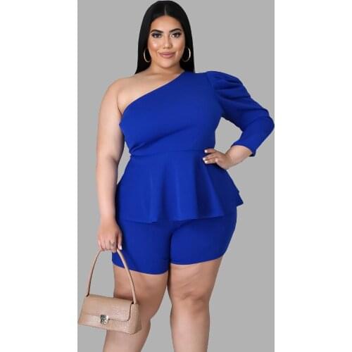 Casual Plus Size Outfits Wholesale Items Sexy One-shoulder Puff Sleeves Solid Color Folds Tops Slim Straight Pant Women Clothing