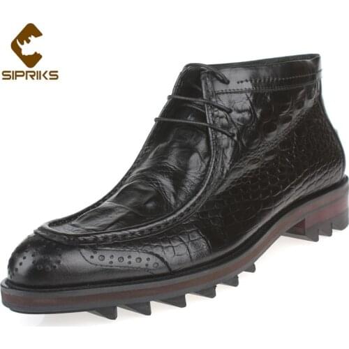 Sipriks Luxury Brand Mens Martin Boots Genuine Leather Red Brown Crocodile Skin Ankle Short Booties Gentleman Wear Casual Shoes