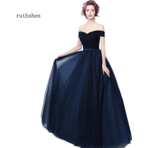 Ruthshen 2020 Navy Blue Prom Dresses Off Shoulder Pleated Tulle Long Evening Gowns Cheap Elegant Formal Party Dress