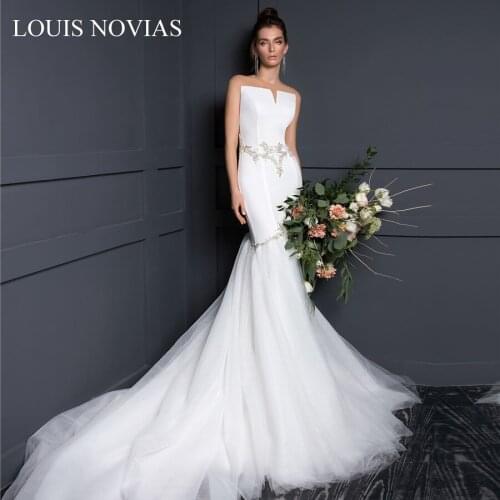 Louis Novias Sexy Ship Neck Train Strapless Mermaid Wedding Dress 2020 Handmade Pattern Sleeveless Embroidery Wedding Dress
