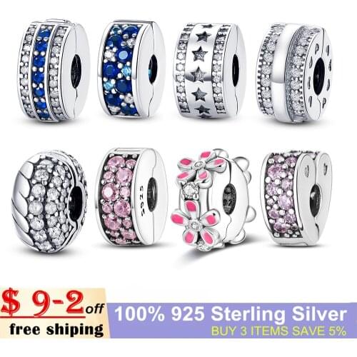 Silver Clasp 925 Sterling Silver CZ pave Pattern Clip Charm Daisy Beads Stopper fit Pandora Bracelet 925 Silver Jewelry Clip