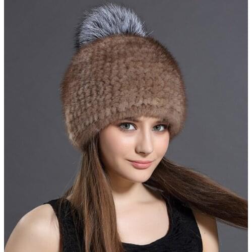 Womens Natural Winter Hats for Women Real Mink Fur Bonnet Large Fox Pompom Hat with Ears Gorros Mujer Invierno MY817