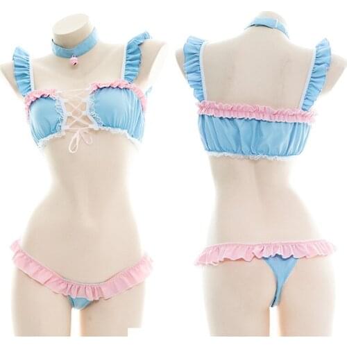 Cute Pink Blue Lace Ruffles Bikini Suit Lace-up Underwear Sexy Anime Lolita Girl Pajamas Maid Cosplay Camisole Panties Set