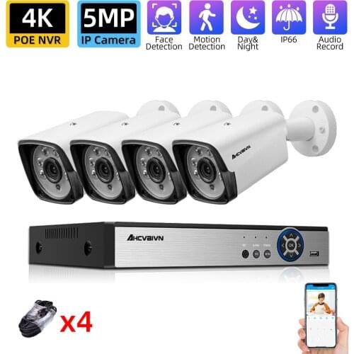 AHCVBIVN H.265 4CH 5MP POE Security Camera System Kit Record IP Camera IR Outdoor Waterproof CCTV Video Surveillance NVR Set