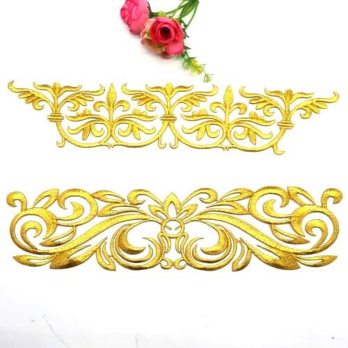 Iron On Appliques Garment Flower Gold Embroidered Patches 27.5cm*7cm