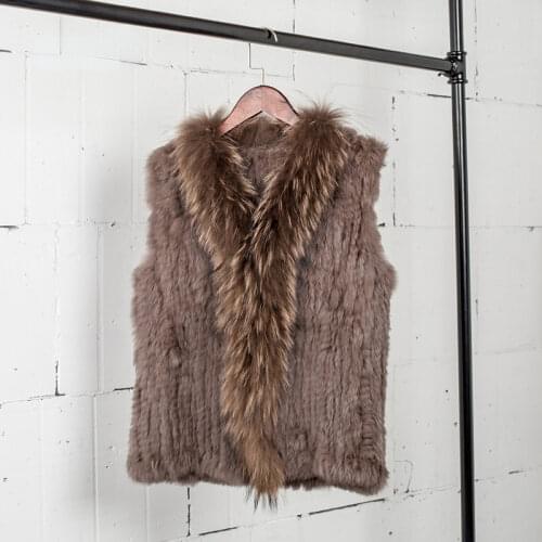 VT7008 Free shipping womens natural real rabbit fur vest with raccoon fur collar waistcoat/jackets rabbit knitted winter
