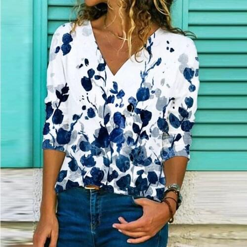 Vintage Flower Print Women Blouse Shirt Summer V-Neck Long Sleeve Pullover Tops Ladies Casual Loose Shirts Fashion Femme Blusa