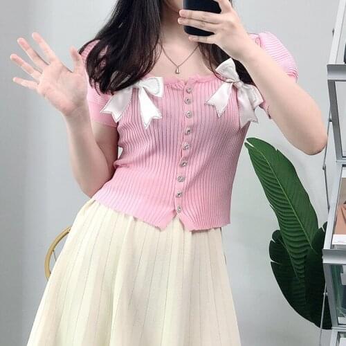 Womens Solid Color Diamond Bowknot Cardigan Sweater Button Sweet Short Sleeve Knit Thin Slim Summer Jk Outfit