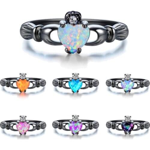 Charm Female White Blue Opal Stone Ring Vintage Black Gold Wedding Rings For Women Love Claddagh Heart Engagement Ring