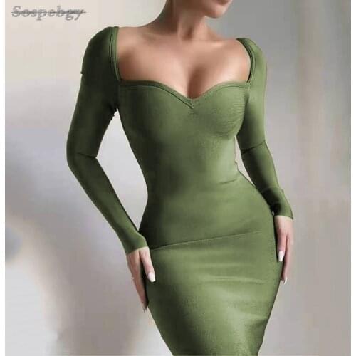 2021 New Womens Long Sleeve Slim Dress Sexy V-neck Halter Tight Bandage Midi Elegant Celebrity Runway Party Dress Vestidos