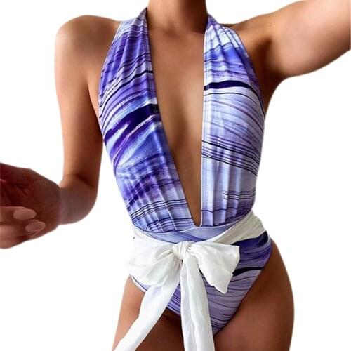 Women’s Sexy Bikini Personality Printing Backless Waist Bandage Halter Style Slim Fit Swimsuit