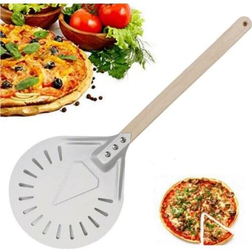 1Pc Kitchen Non Slip Wooden Handle 7 Inches Perforated Pizza Shovel Aluminum Pizza Turning Small Pizza Peel Paddle Pizza Tool