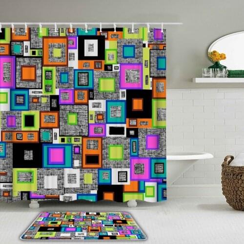 2Pcs/Set Colorful Geometric Pattern Shower Curtain Set Non-Slip Rug Toilet Bath Mat and Waterproof Polyester Bathroom Curtains