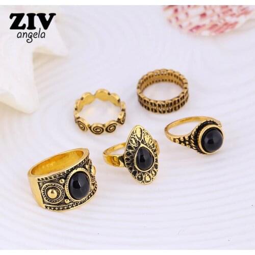 5PCS Bohemian Vintage Rings Set for Women Ethnic Antique Gold/Silver Plated Ring Carved Gem Stone Fashion Jewelry