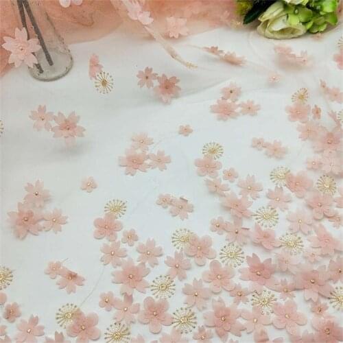 Lux Peach Pink Satin 3D Flowers Embroidered Tulle Lace Fabric Gold Border Trim for wedding Dress, Couture gowns, dance Prom