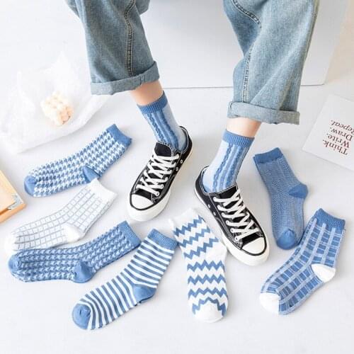 Blue Series Womens Socks With Ruffle Vintage Striped Lattice Funny Cotton Socks Fashion Clothing For Girl Harajuku Lingerie