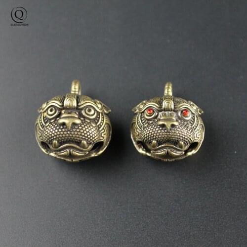 Brass Tiger Head Red Eyes Exorcism Bell Pendant for Keychains Vintage Lucky Car Key Chain Hangings Jewelry Bike Lady Gifts