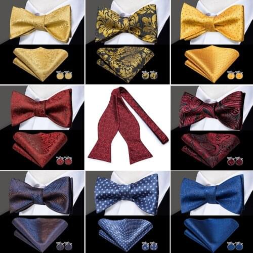 Hi-Tie 100% Silk Adult Mens Self Bow Tie Pocket Square Cufflinks Set Male Formal Wedding Party Accessories Luxury Bow Tie Set