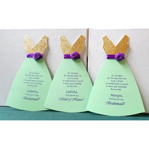 Personalized name title text glitter Will you be my bridesmaid maid of honor asking Proposal Cards wedding Dress invitations