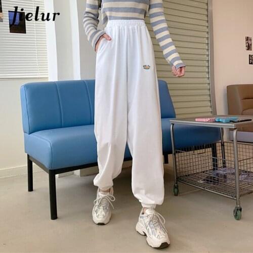 Jielur White Black Gray Jogging Pants Women Embroidery Elastic Waist Trousers Casual Pants Female Fashion Young Streetwear M-XL