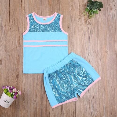 2Pcs Fashionable Little Girls Outfit Summer Toddlers Sequins Decoration Color Matching Round Collar Sleeveless Top + Shorts 2-7T