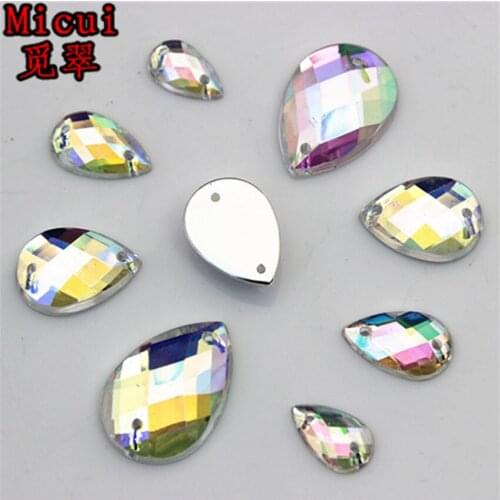 Micui 100pcs 6*10/8*13/10*14/13*18mm Drop Acrylic Rhinestones Crystal Stones Flatback Beads Sew on 2 Hole ZZ635