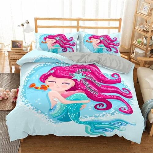 Cartoon Mermaid Bedding Set 100% Polyester Adult Kids Duvet Cover Quilt Cover Pillowcase Students Bed Linen Set Queen King Size