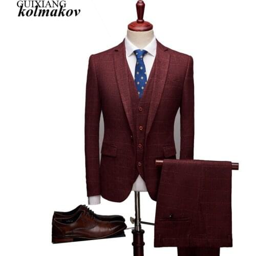 2020 Men Boutique Leisure Suit Dress Business Casual One Button Mens Grid Slim Formal Three-piece Suits Blazer Plus Size S-4XL