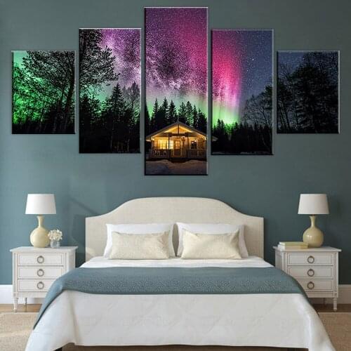 Modern Artwork One Set Canvas Print Colour Aurora Borealis Painting 5 Panel Natural Landscape Picture For Living Room Decorative