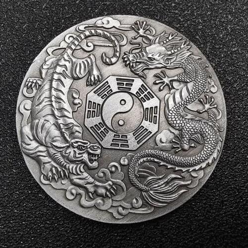 Non-Magnetic Beautiful Chinese Ancient Mythical Creatures Dragon Tiger Challenge Antique Silver Coin Elizabeth Souvenir Gifts