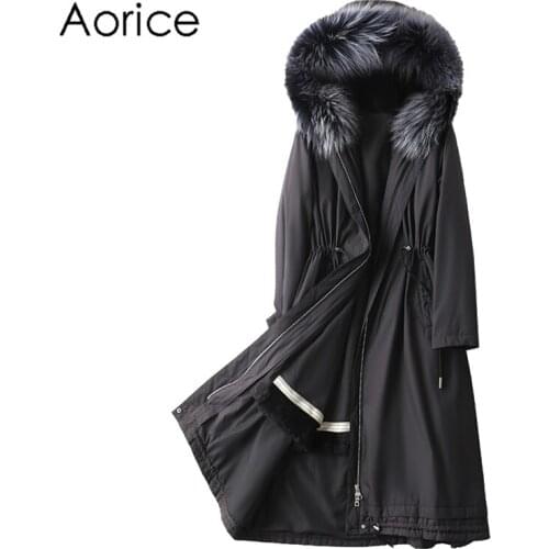 Aorice Women Real Fox Fur Collar Coat Jacket Female Rex Rabbit Liner Long Parka Trench A41603