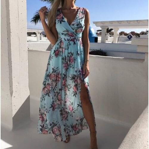 Womens V-neck Floral Printed Dress Female Sexy Boho Holiday Vintage Long Maxi Dress Stylish Evening Party Split Dresses Vestidos