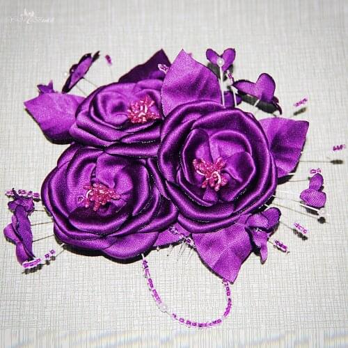 RSB03 Artificial Rose Flower Head Piece Bridal Wedding Bridal Purple Satin Headdress Flower Hair Clip