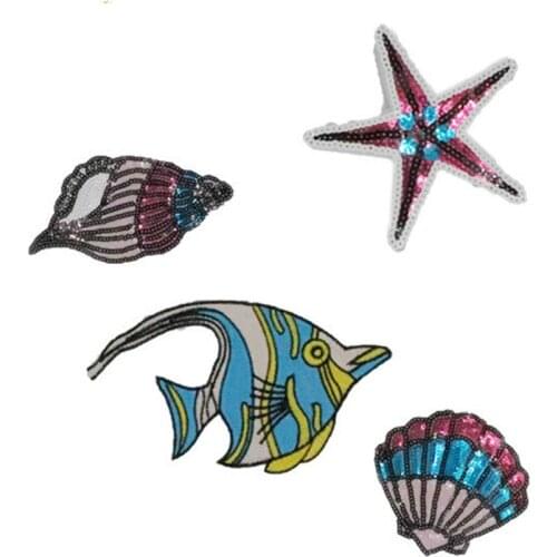 Cartoon Ocean Shell Mermaid Squid Patches Embroidery Iron on Patches for Clothing DIY Sea Stripes Clothes Stickers Appliques