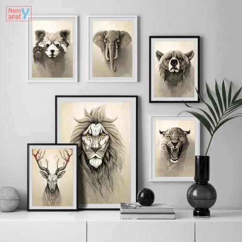 Vintage Animal Posters And Prints Deer Fox Bear Lion Raccoon Nordic Wall Art Canvas Painting Wall Pictures For Living Room Decor