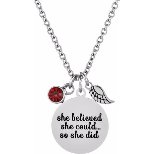 Graduation Birthday Gift Pendant Necklace Inspiration Laser She Believed She Could Angel Wing with Birthstone Charms