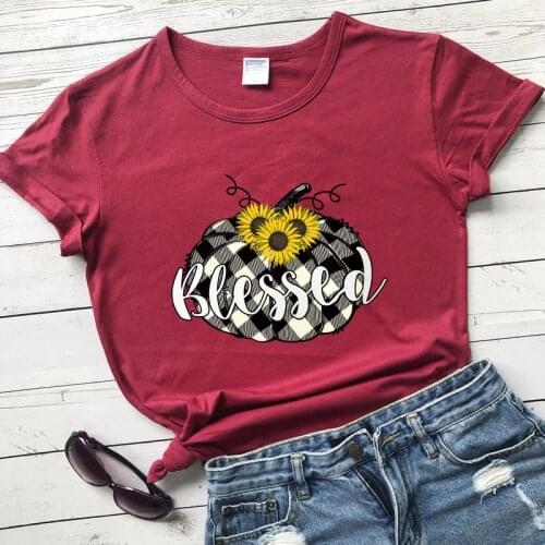 Colored Blessed Sunflower Plaid Pumpkin T-shirt Aesthetic Autumn Thanksgiving Tshirt Vintage Women Fall Holiday Top Tee Shirt