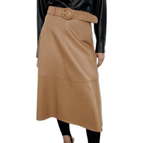 2019 New Autumn Winter Quality Women High Waist Faux Leather Midi Maxi Long Skirts Female A-line Elegant Black Skirt with Belt