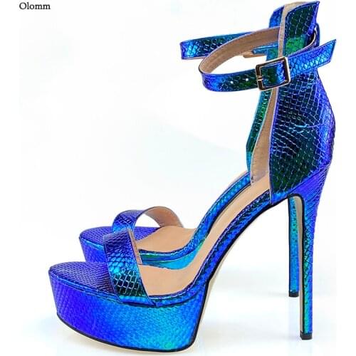 Olomm New Women Platform Shiny Sandals Sexy Snake Stiletto High Heels Open Toe Pretty Blue Dress Shoes Women US Plus Size 5-20