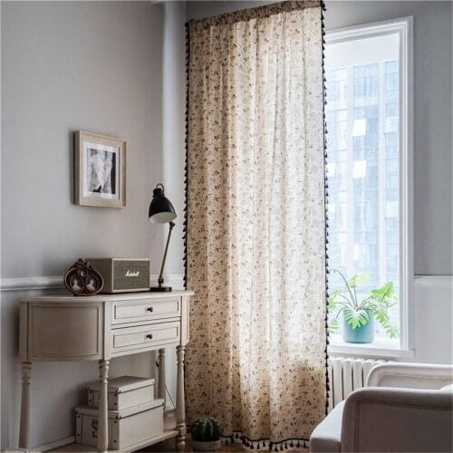 1.5M Width Dandelion Small Tree Printing Curtain Black Tassel Living Room Curtain Cotton Linen Semi-shading Bay Window Curtain