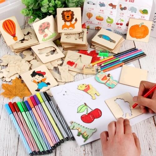 128 Montessori Creativ Children Stencil Toy Drawing Coloring Board Toys Montessori Painting Learning Toys Templates Tools